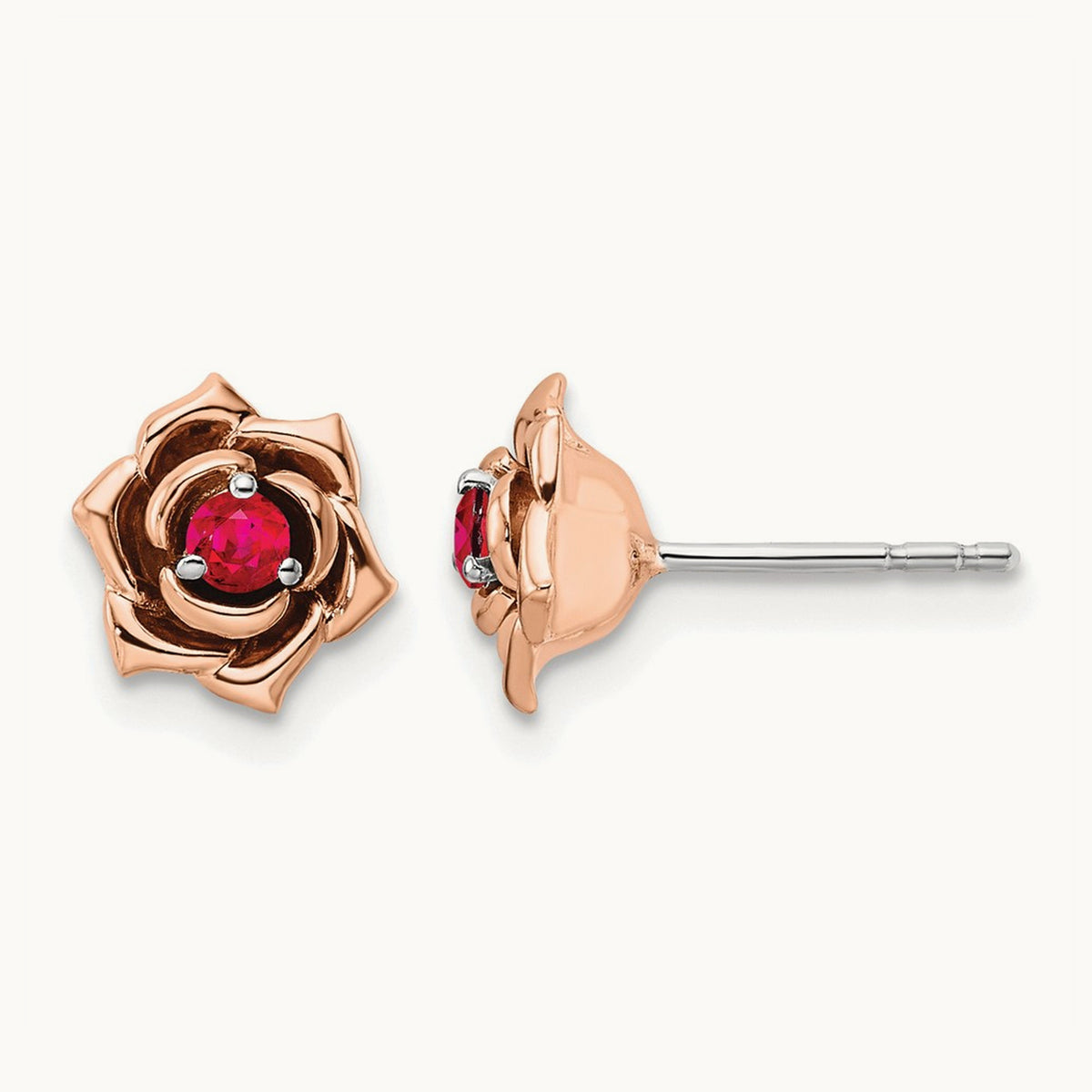 & Rose Ruby Flower Post Earrings, 14K Two-tone White