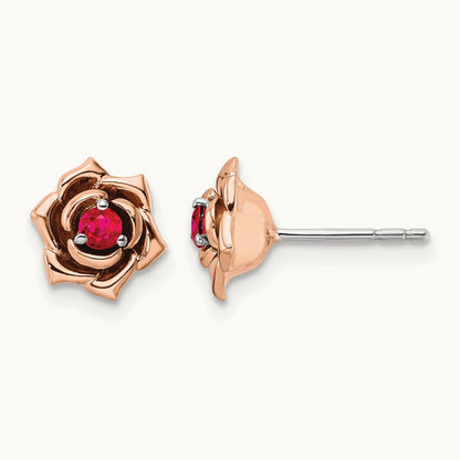 & Rose Ruby Flower Post Earrings, 14K Two-tone White