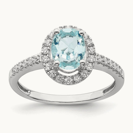 Created Aquamarine Halo Engagement Ring, 0.25 ct tw Lab-Grown Diamond