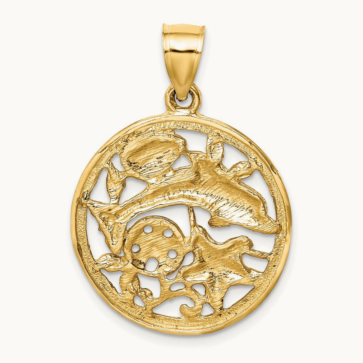 Diamond-cut Dolphin and Shells Circle Pendant, 14K