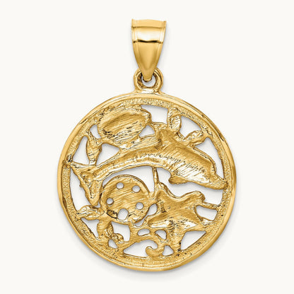 Diamond-cut Dolphin and Shells Circle Pendant, 14K