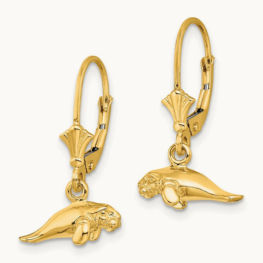 3-D Polished Mini Manatee Leverback Earrings, 14K