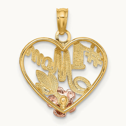 Rhodium Textured #1 Mom Heart Charm, 14K Two-tone White