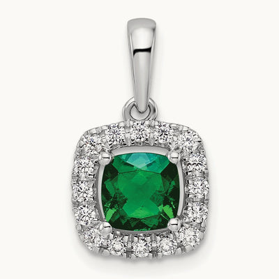 1/4ct Lab Grown Dia VS/SI+ G+ May Birthstone Cr Emerald Halo Pendant, 14K White Gold