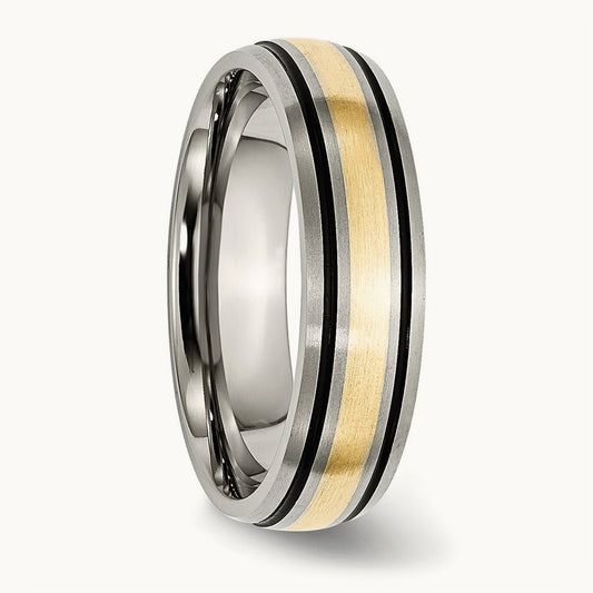 Antiqued and Brushed w/14k Yellow Inlay Grooved Band, Titanium