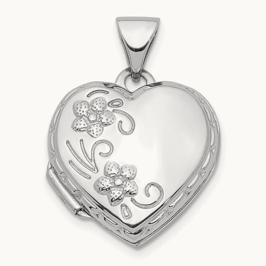 Polished Floral Heart Locket, 15mm, 14K White Gold