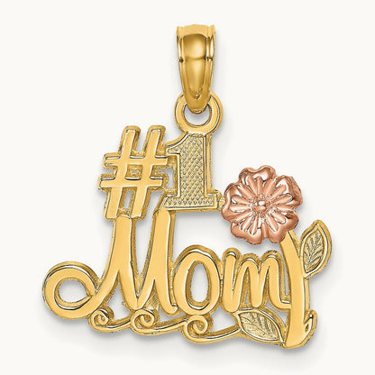 #1 MOM Script w/ Flower Charm, 14K Two-tone