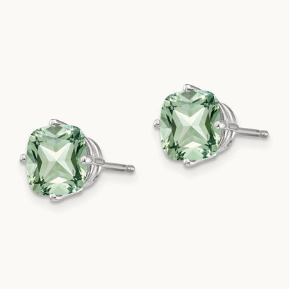 Cushion Green Quartz Earring, 7mm, 14K White Gold