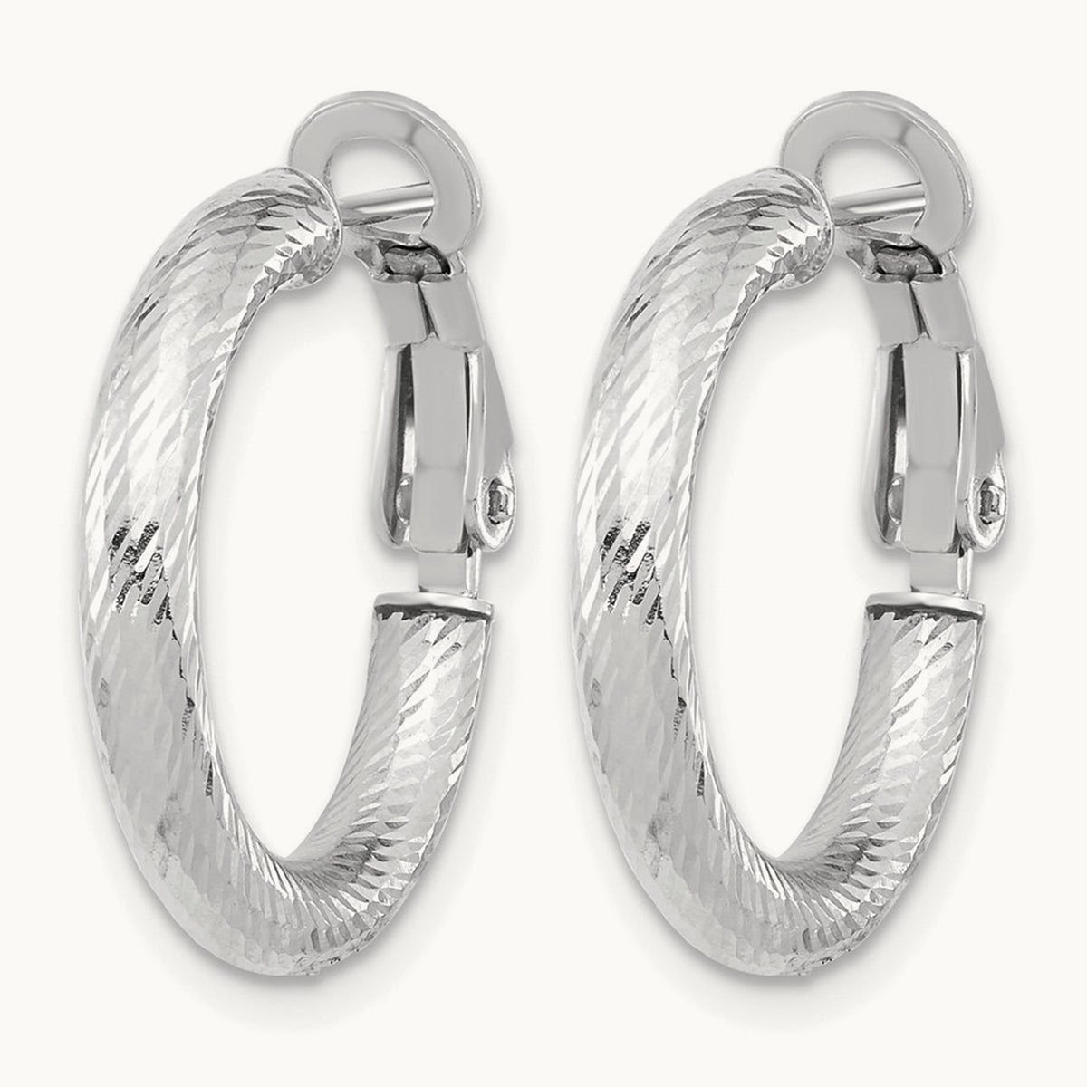 3x15 w/ White Rhod Plating D/C Round Omega Back Hoop Earrings, 14K — Leslie's