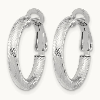 3x15 w/ White Rhod Plating D/C Round Omega Back Hoop Earrings, 14K — Leslie's