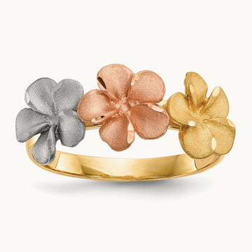 w/White Rhodium Satin D/C 3-Plumerias Ring, 14K Two-tone