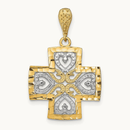 w/Rhodium D/C Heart Cross Charm, 14K
