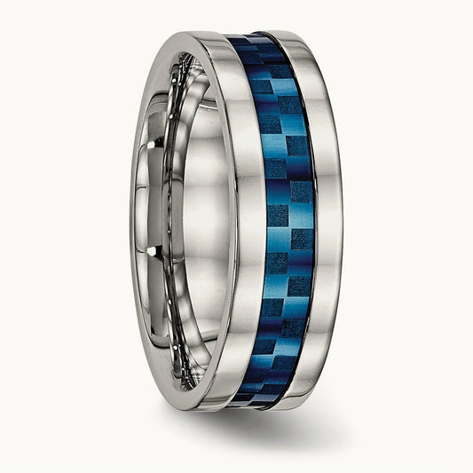 Polished Blue IP-plated Checkered Design Band, 7mm, Stainless Steel