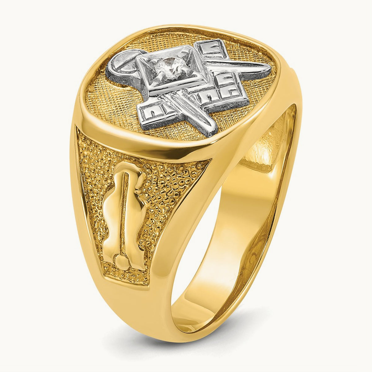 w/ White RH IBGoodman Textured Diamond Blue Lodge Masonic Ring, 14K
