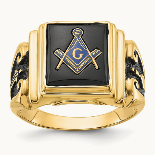 Men's Polished and Textured with Black Enamel and Onyx Masonic Ring, 14K