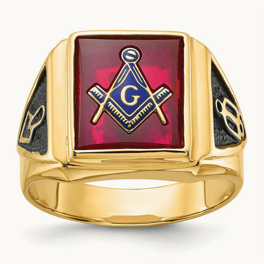 Men's Textured w/ Black Enamel & Lab Cr. Ruby Masonic Ring, 14K