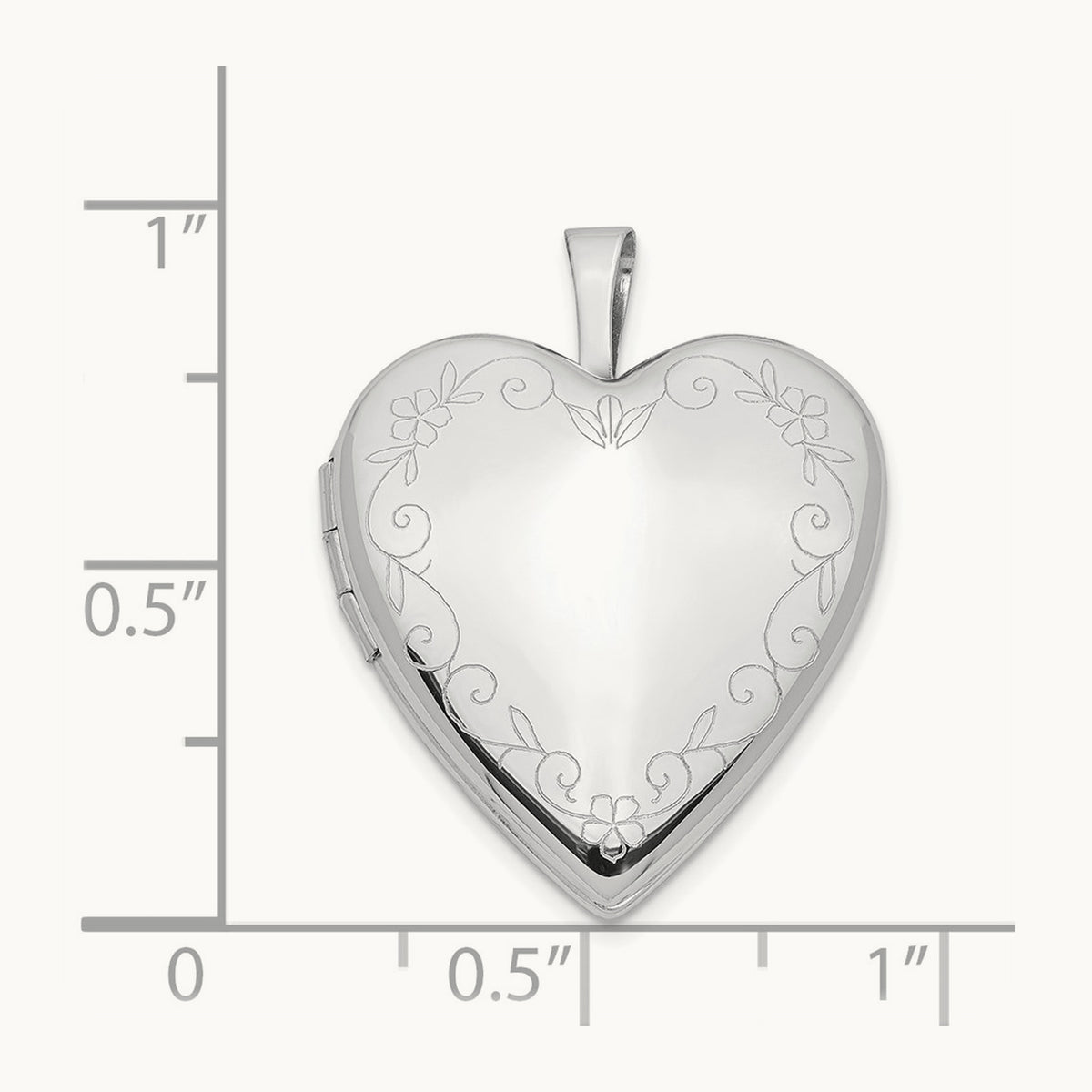 White Gold Flower Vine Border Heart Locket, 20mm, 14K