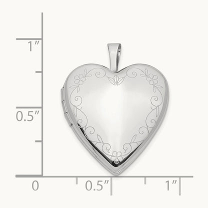 White Gold Flower Vine Border Heart Locket, 20mm, 14K