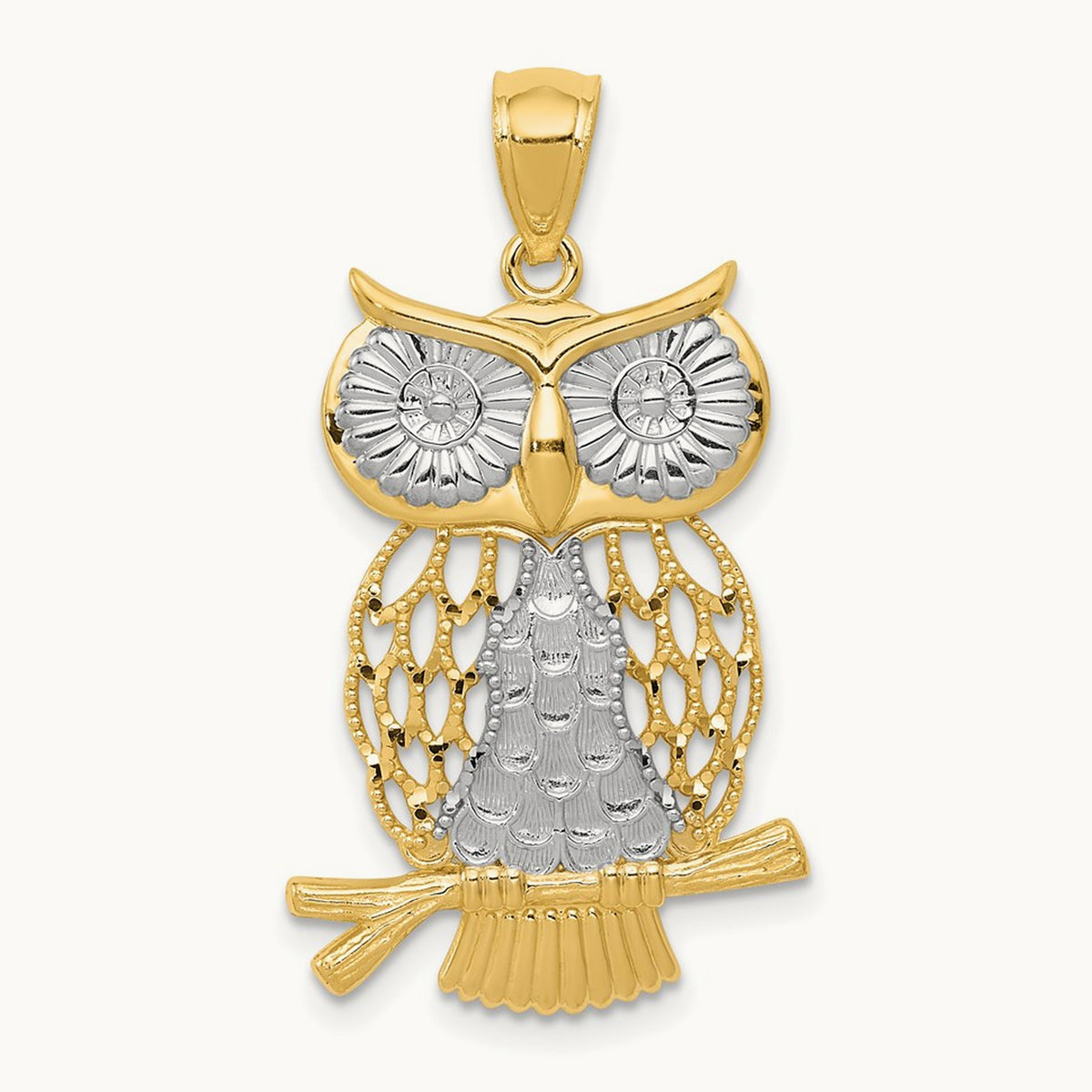 w/ Rhodium Diamond-cut Polished Moveable Owl Pendant, 14K