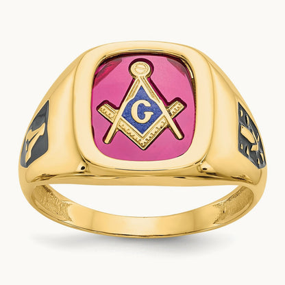 Men's Textured w/ Black Enamel & Lab Cr. Ruby Masonic Ring, 14K