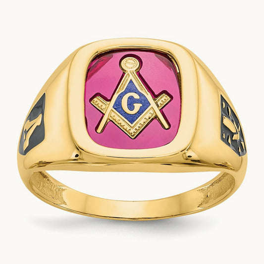Men's Textured w/ Black Enamel & Lab Cr. Ruby Masonic Ring, 14K