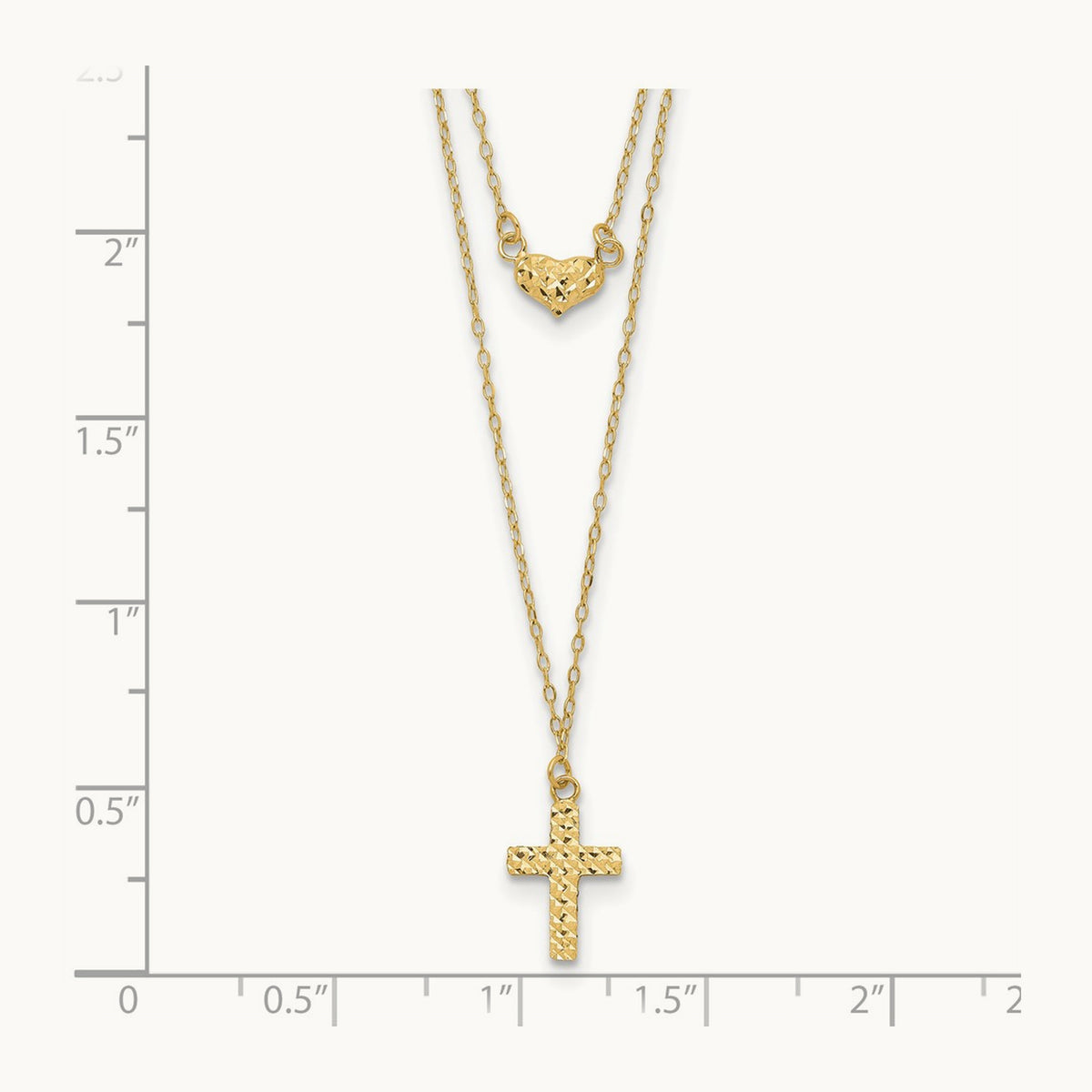 Polished 2-Strand D/C Cross & Heart w/2in. Ext. Necklace, 14K