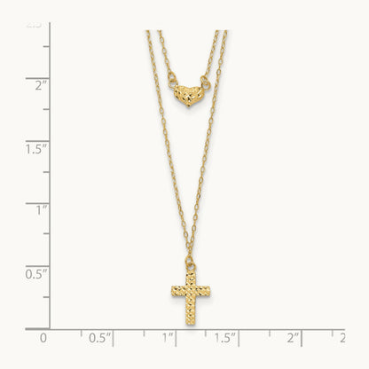 Polished 2-Strand D/C Cross & Heart w/2in. Ext. Necklace, 14K