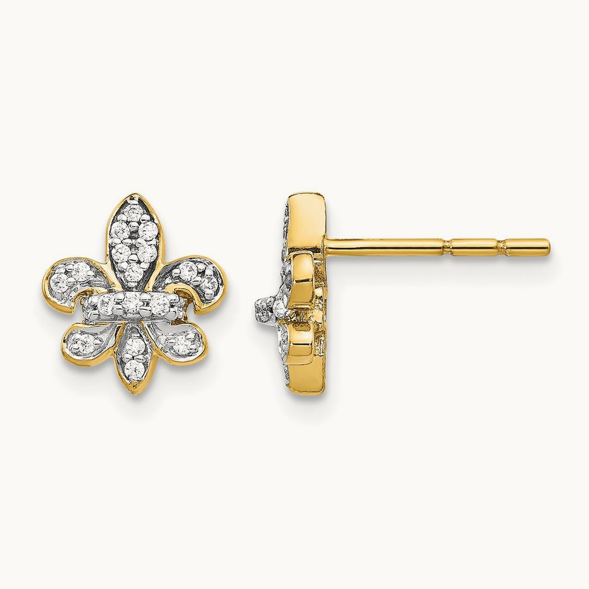 Diamond Fleur de Lis Post Earrings — 14K Yellow Gold