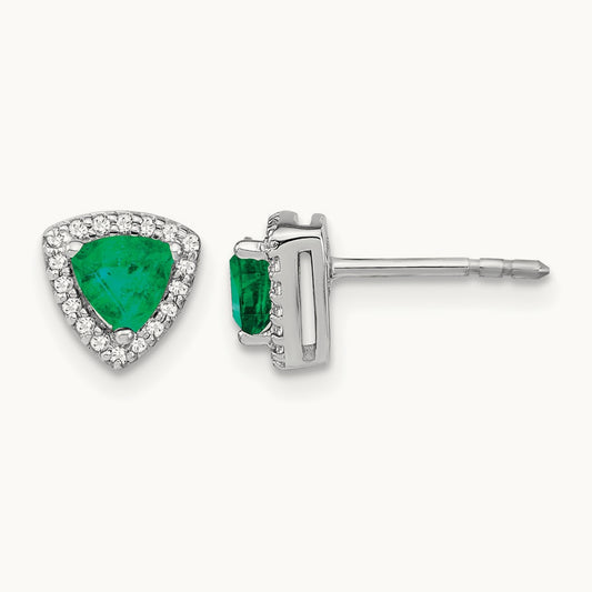 Trillion Emerald and Diamond Halo Earrings, 14K White Gold