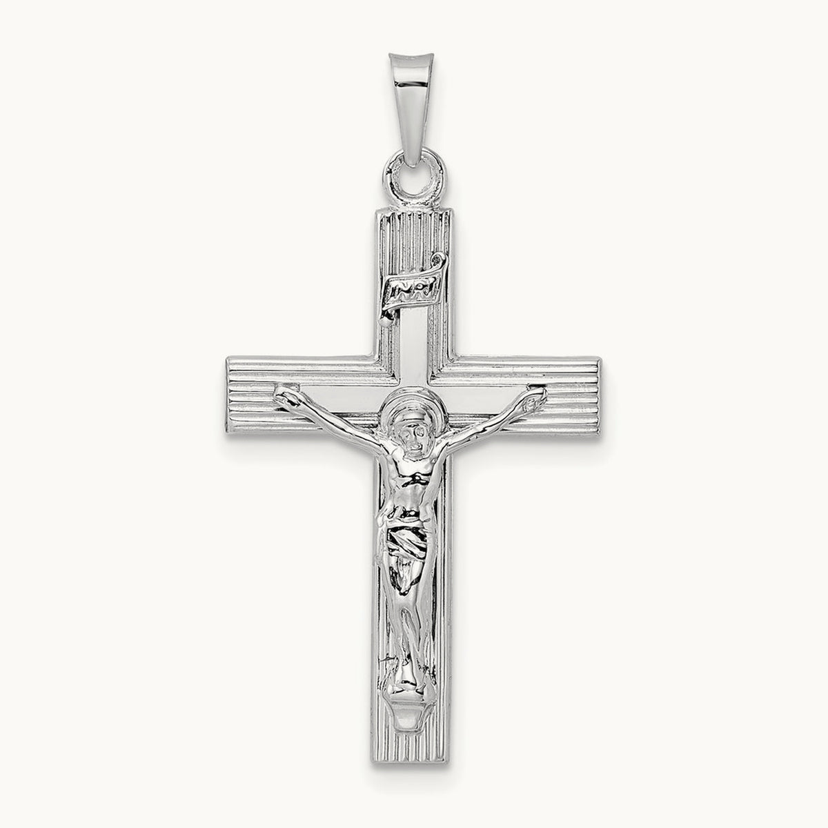 Polished Solid INRI Striped Crucifix Pendant — 34.6mm