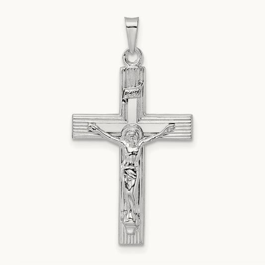 Polished Solid INRI Striped Crucifix Pendant — 34.6mm