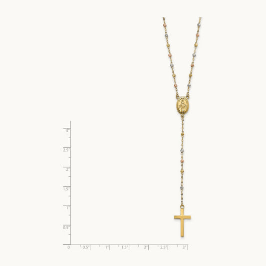 Tri-color Bead Rosary 17in w/3 in ext Necklace, 14K