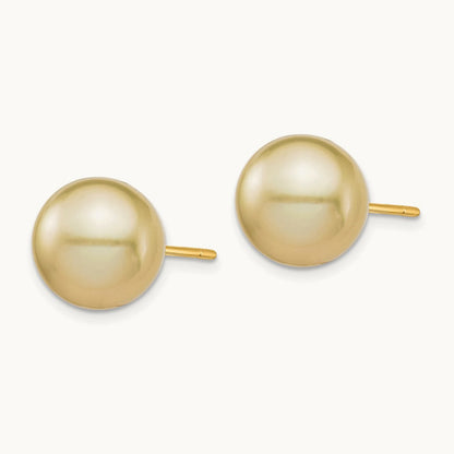 10- Golden Round Saltwater Cultured South Sea Pearl Post Earrings, 11mm, 14K