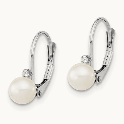 5- Round White FWC Pearl .02ct. Dia. Leverback Earrings, 6mm, 14K White Gold