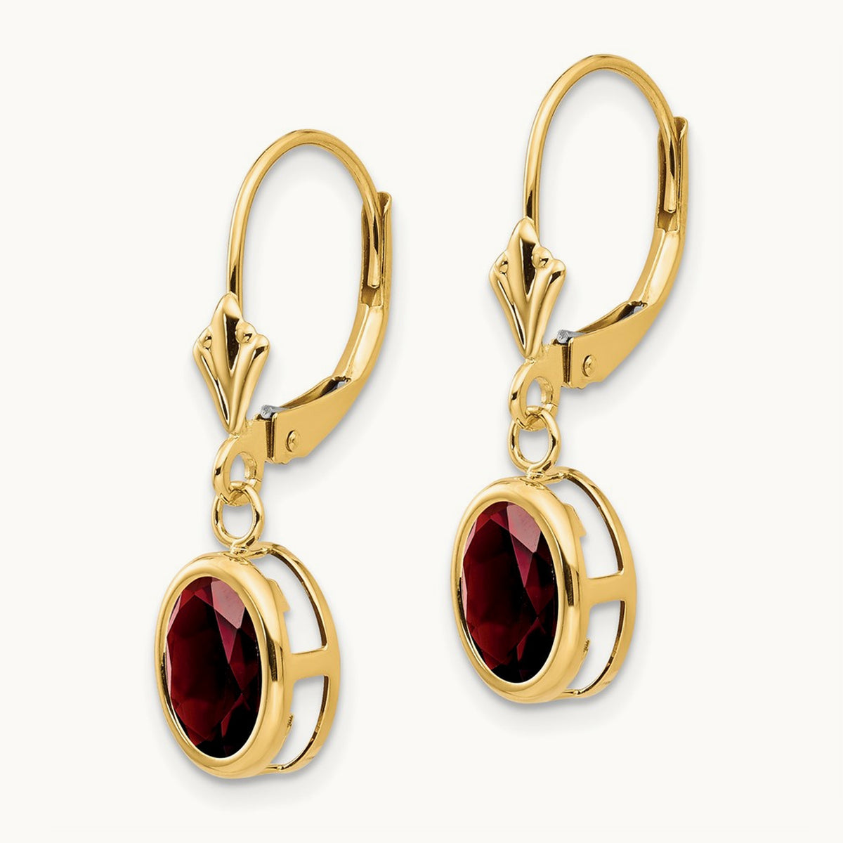 Oval Garnet Leverback Earrings — 14K Yellow Gold, 27mm, 8x6mm