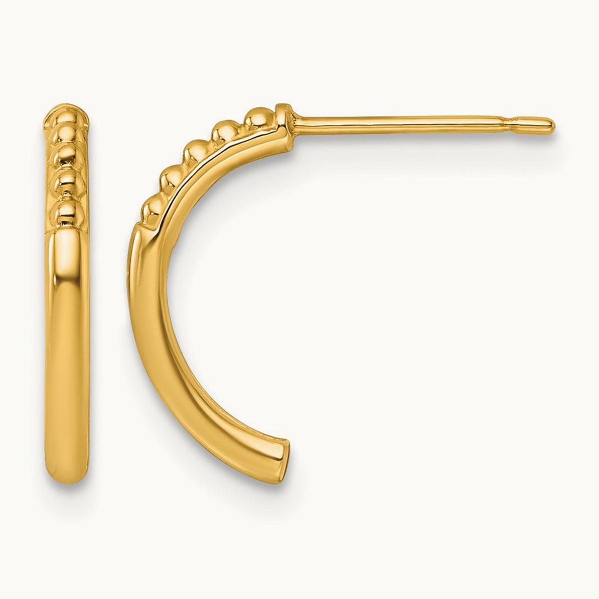 Polished and Beaded Post J-Hoop Earrings, 14K