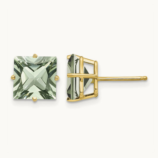 Square Green Quartz Earrings, 8mm, 14K
