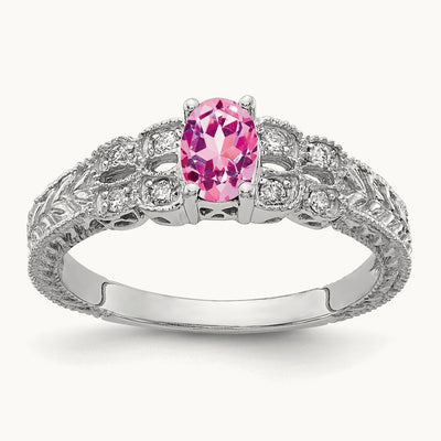 6x4mm Oval Pink Sapphire AA Diamond ring, 14K White Gold