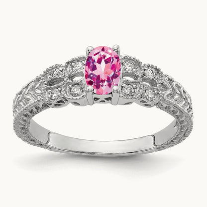 6x4mm Oval Pink Sapphire AA Diamond ring, 14K White Gold