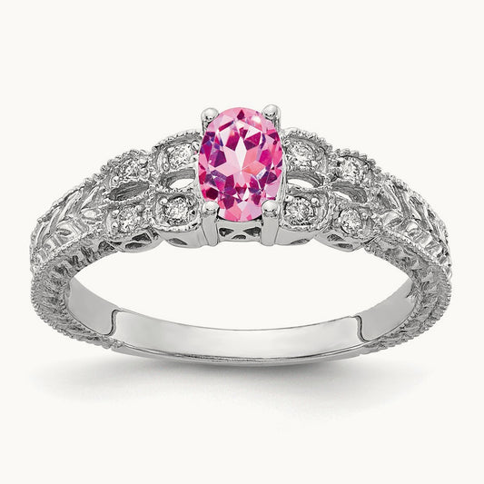 6x4mm Oval Pink Sapphire AA Diamond ring, 14K White Gold