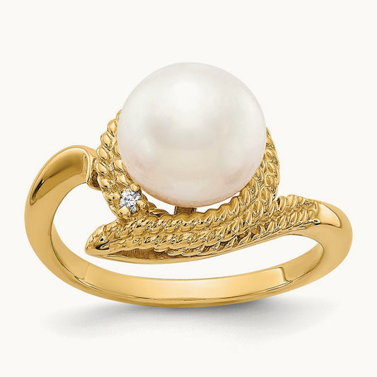 FW Cultured Pearl AA Diamond ring, 8.5mm, 14K