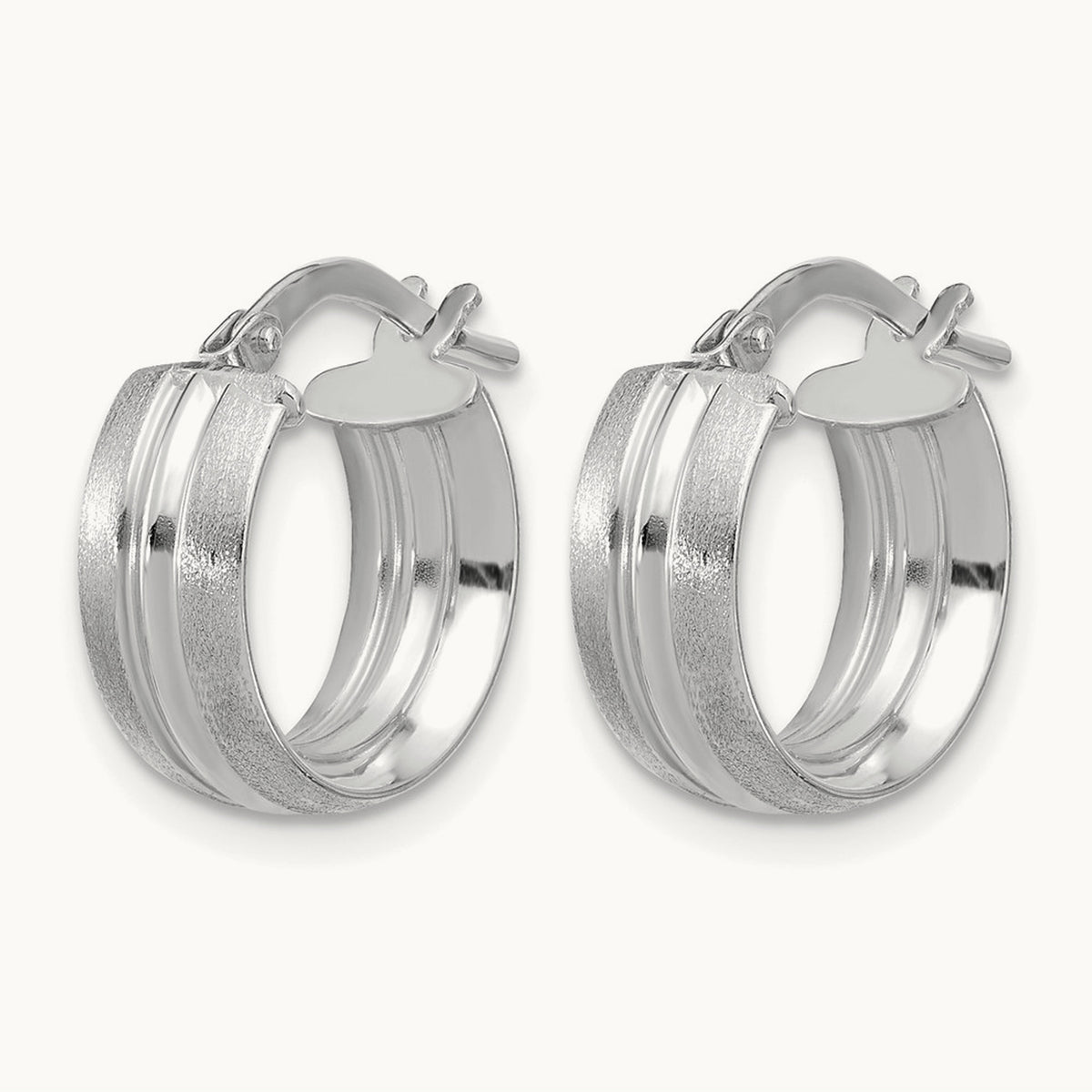 Polished and Satin Round Hoop Earrings — 14K White Gold