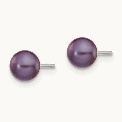 Black Button Freshwater Cultured Pearl Stud Post Earrings — 14K White Gold