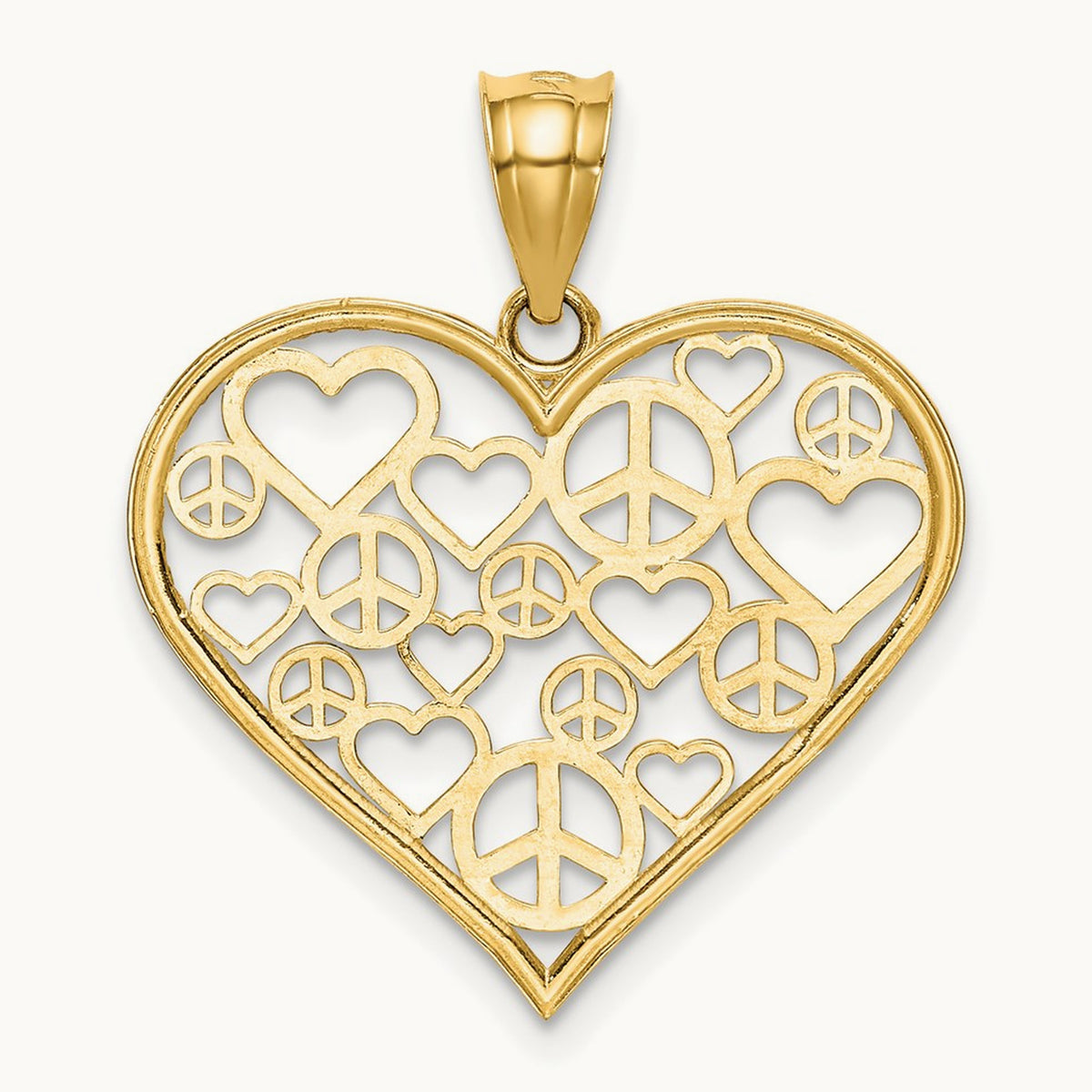 Polished Hearts and Peace Signs in Heart Pendant, 14K