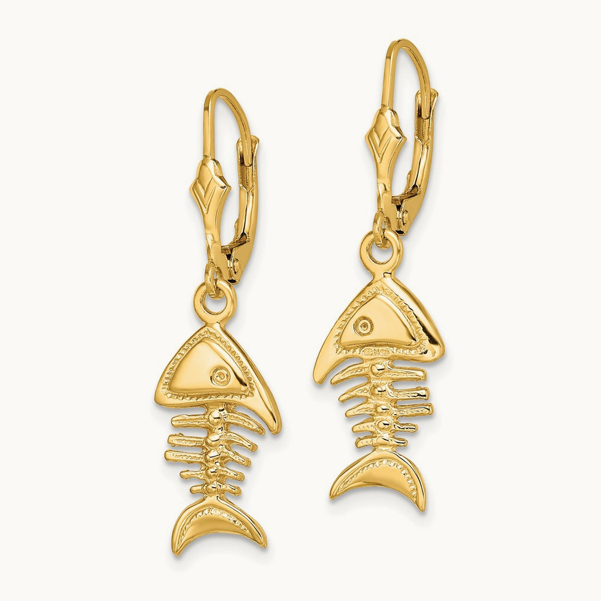 3-D Fishbone Leverback Earrings, 14K