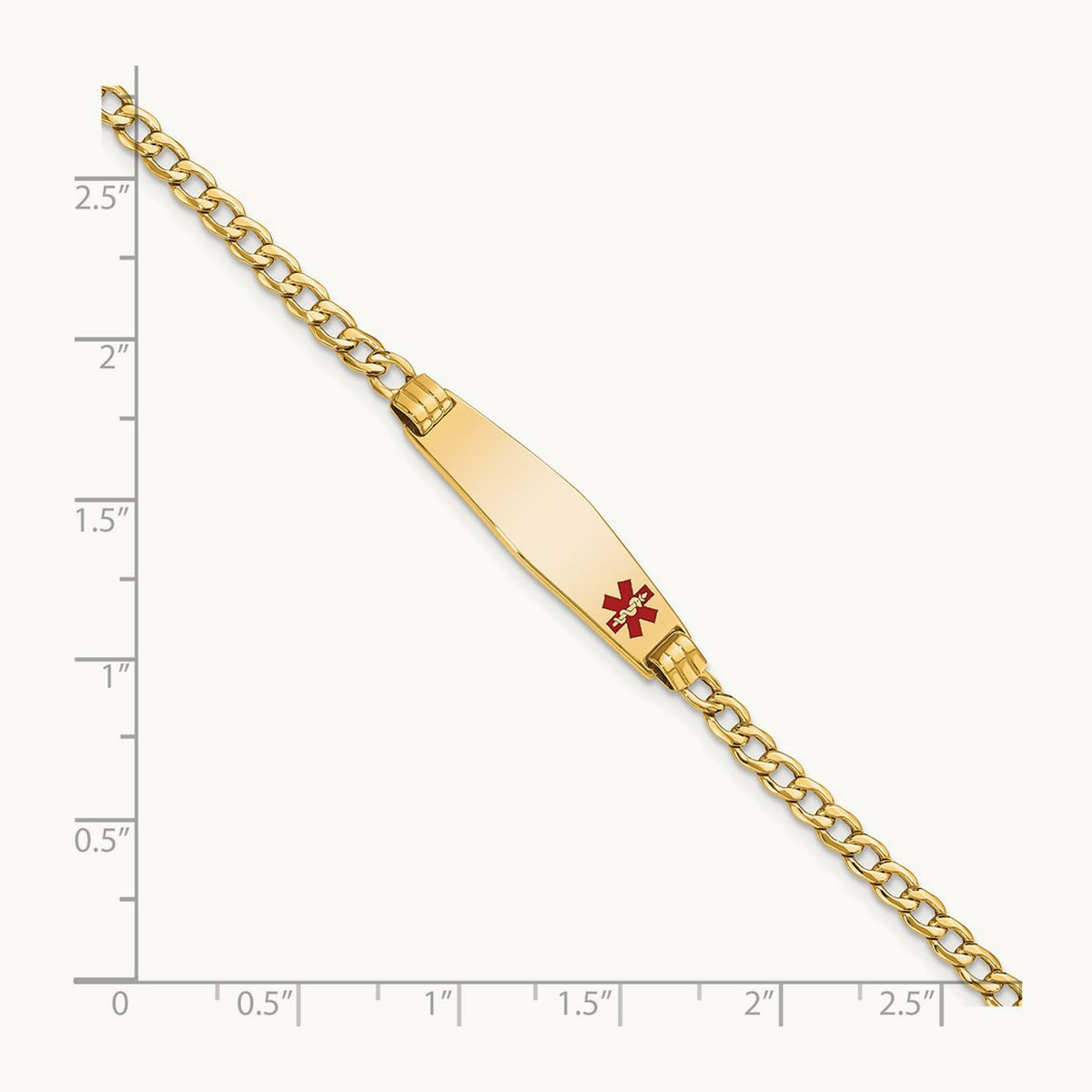 Medical Semi-Solid Soft Diamond Shape Red Enamel ID Cuban ID Bracelet, 14K