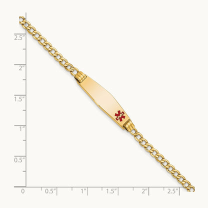 Medical Semi-Solid Soft Diamond Shape Red Enamel ID Cuban ID Bracelet, 14K