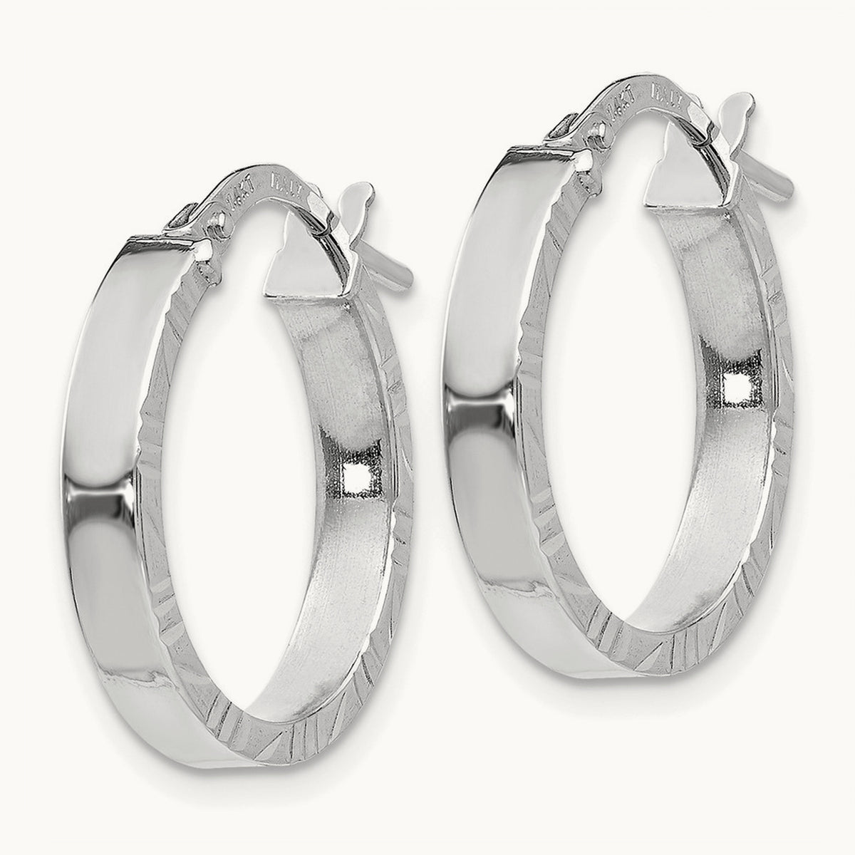 Diamond Cut Edge Large Polished Hoop Earrings — 14K White Gold