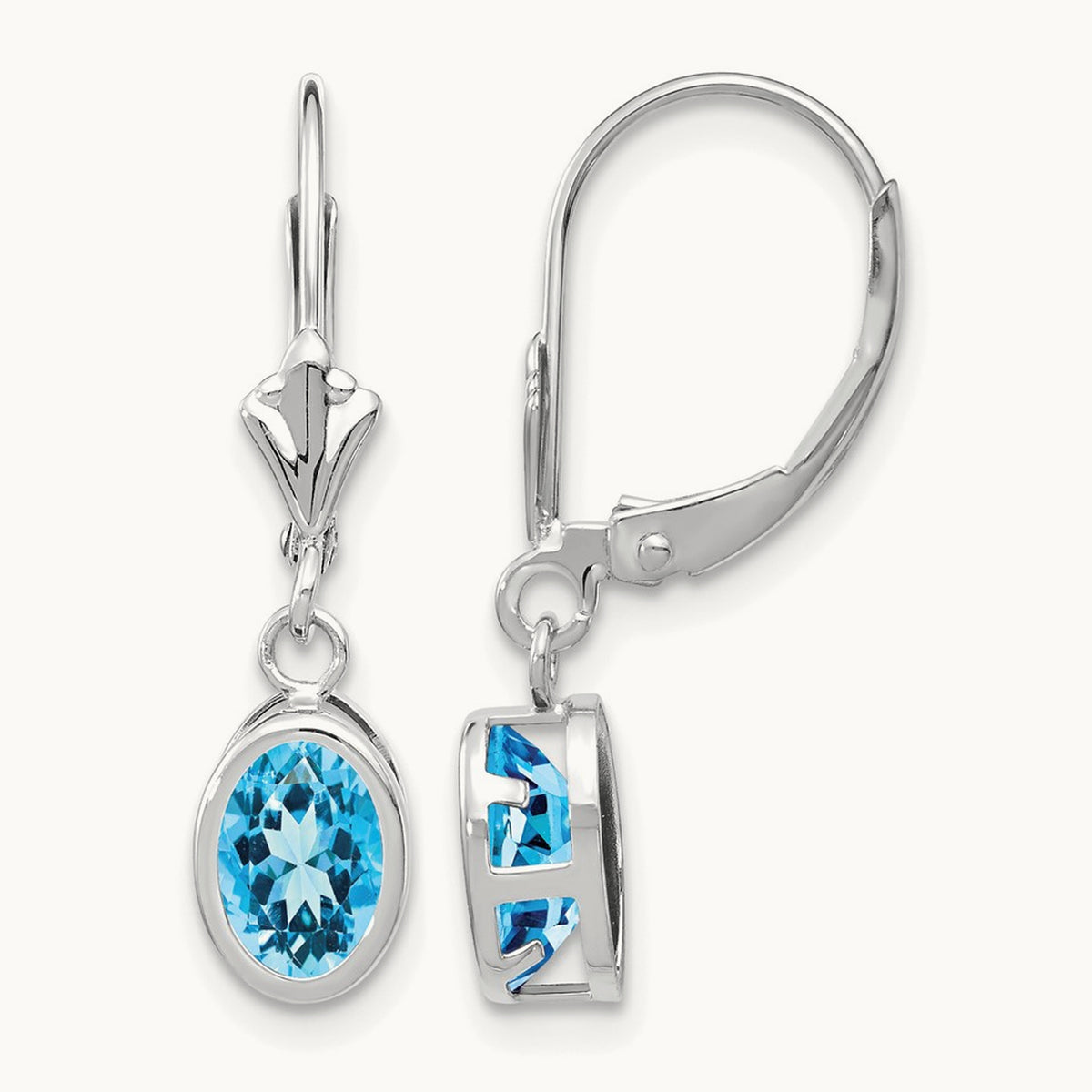 Oval Blue Topaz Leverback Earrings — 14K White Gold, 26mm, 7x5mm