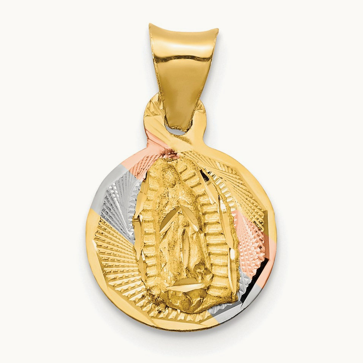Polished Diamond-cut Lady Of Guadalupe Circle Pendant — 14K Two-Tone Gold, 17.4mm